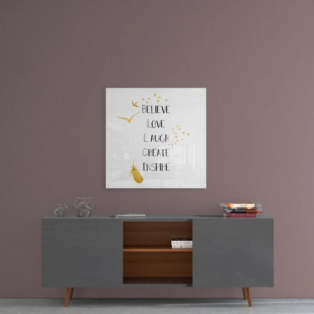 Modern tempered glass art with gold feather, stars, and motivational text