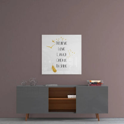 Modern tempered glass art with gold feather, stars, and motivational text