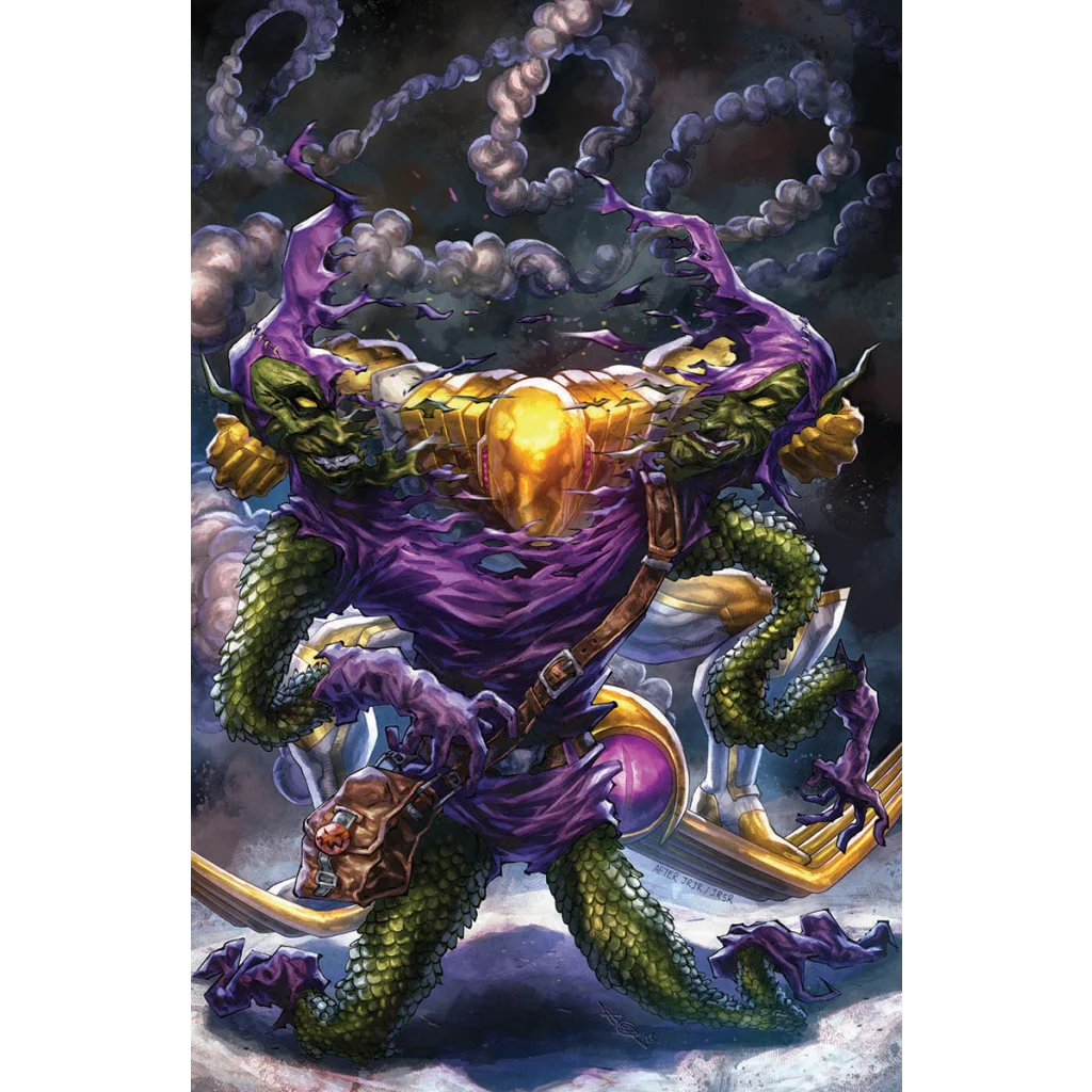 Green Goblin monster figure with reptilian skin, purple tattered clothes, gold armor, graded blue label, Alan Quah exclusive