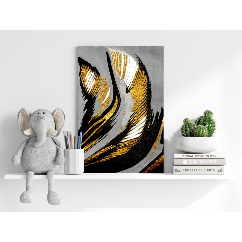 Stunning gold black abstract Insigne aluminum print with bold flowing strokes