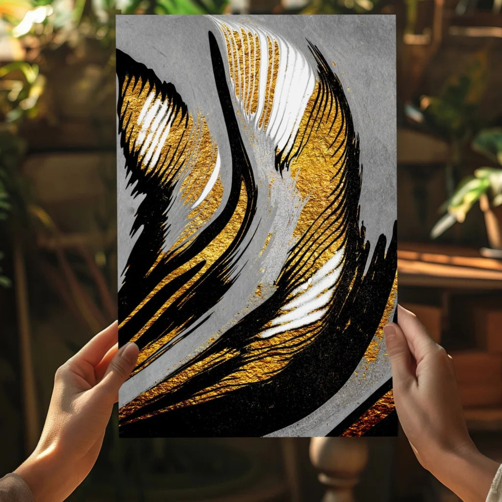 Stunning gold black abstract insigne aluminum print with bold brushstrokes