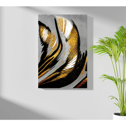Stunning gold black abstract insigne aluminum print with bold black, gold leaf, and white brushstrokes on textured gray background