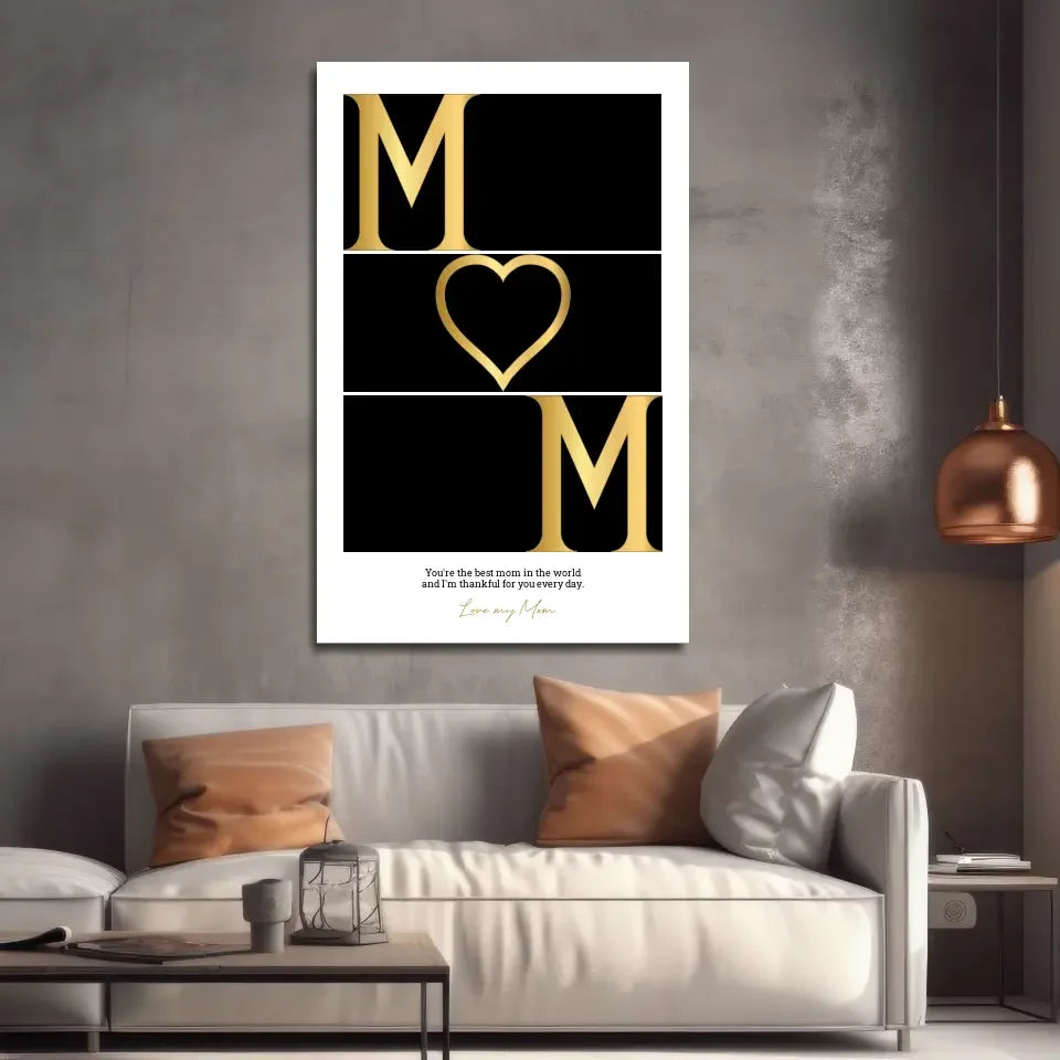 Gold heart mom glass wall art in custom white frame