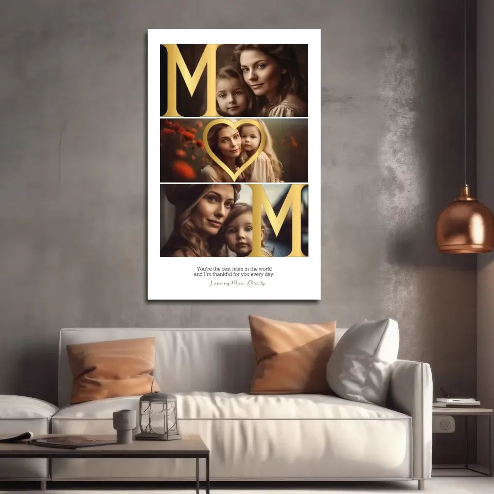 Gold Heart Mom glass wall art in custom white frame