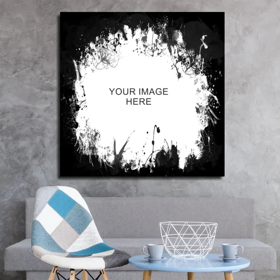 Modern black and white splatter glass wall art in custom white frame