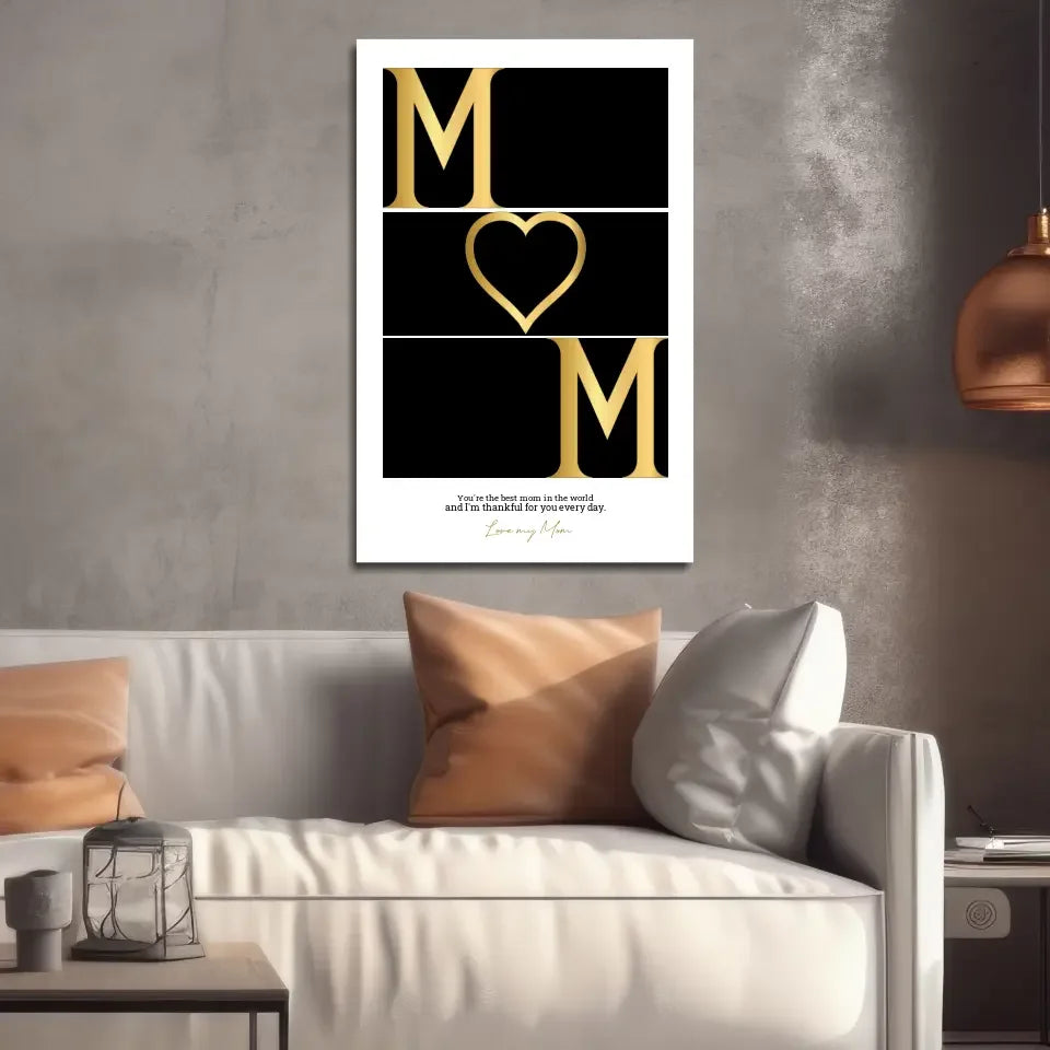 Gold heart mom glass wall art in custom white frame