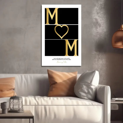 Gold heart mom glass wall art in custom white frame