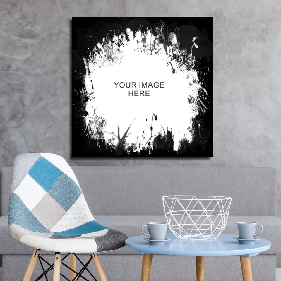 Bold black and white splash glass wall art in custom white frame