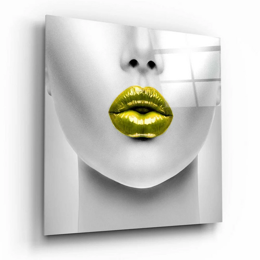 Golden lips close-up on grayscale face, glossy metallic glass wall art