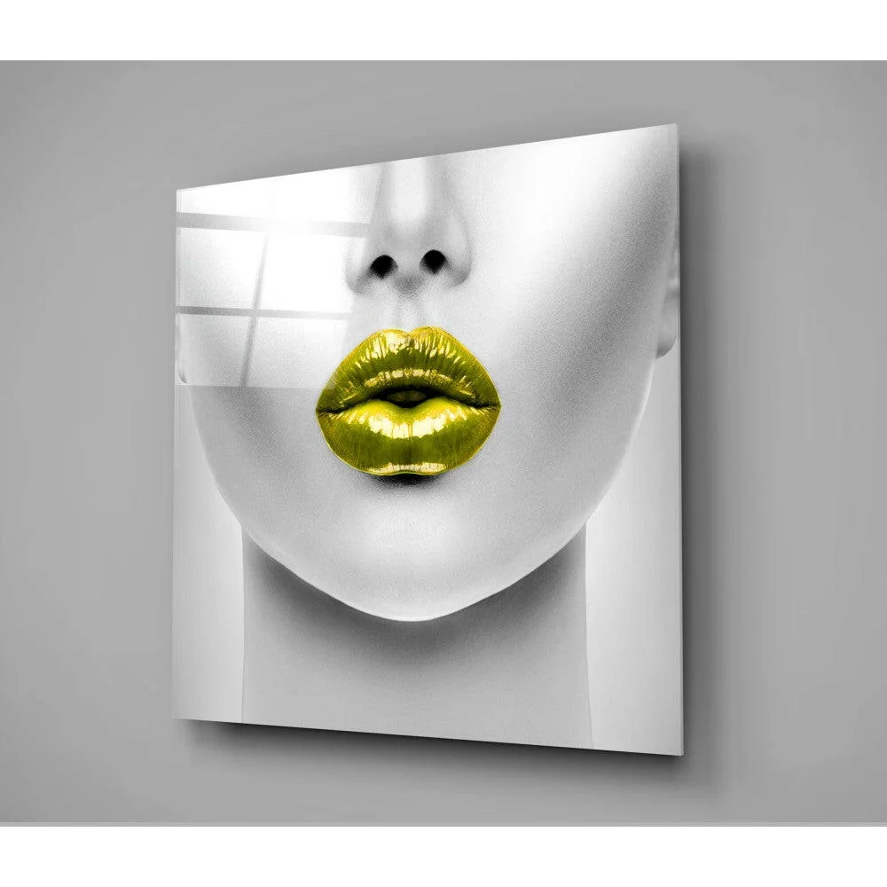 Golden Lips Glass Wall Art with Glossy Metallic Finish | Glass Wall Art Print | vintageantiquesgifts.com
