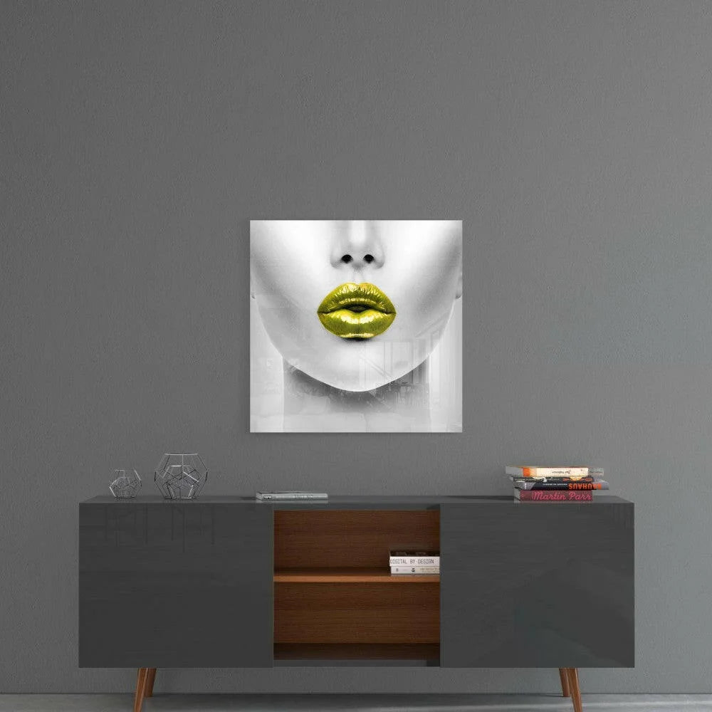 Golden Lips Glass Wall Art with Glossy Metallic Finish | Contemporary Home Wall Art | vintageantiquesgifts.com