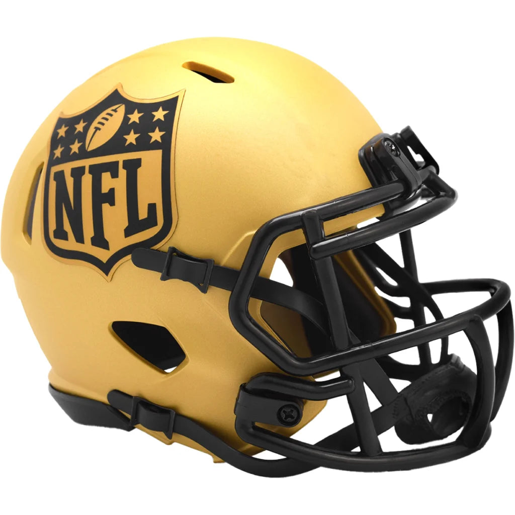 Gold mini football helmet with black face mask and matte black star design