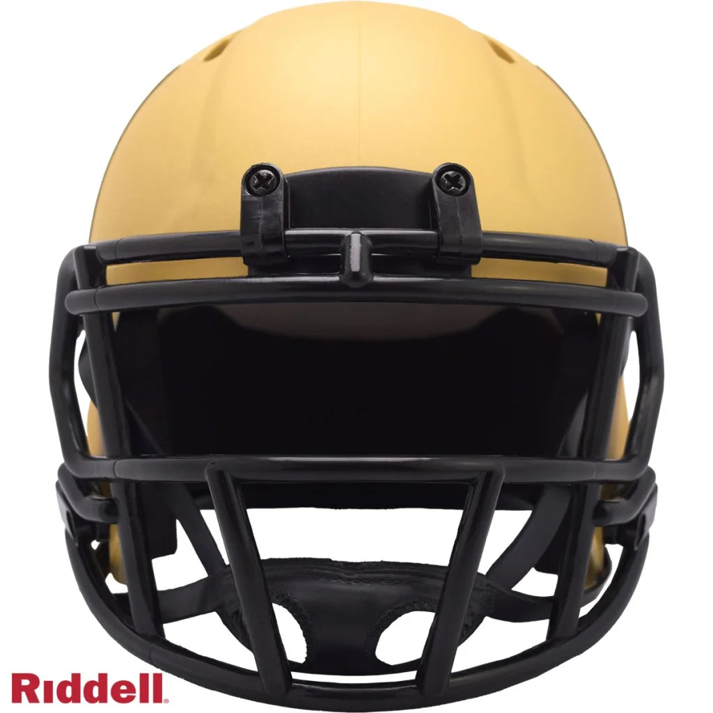 Gold Rave mini football helmet features matte black star design
