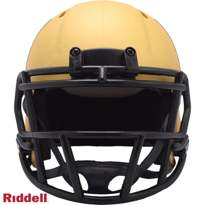 Gold Rave mini football helmet features matte black star design