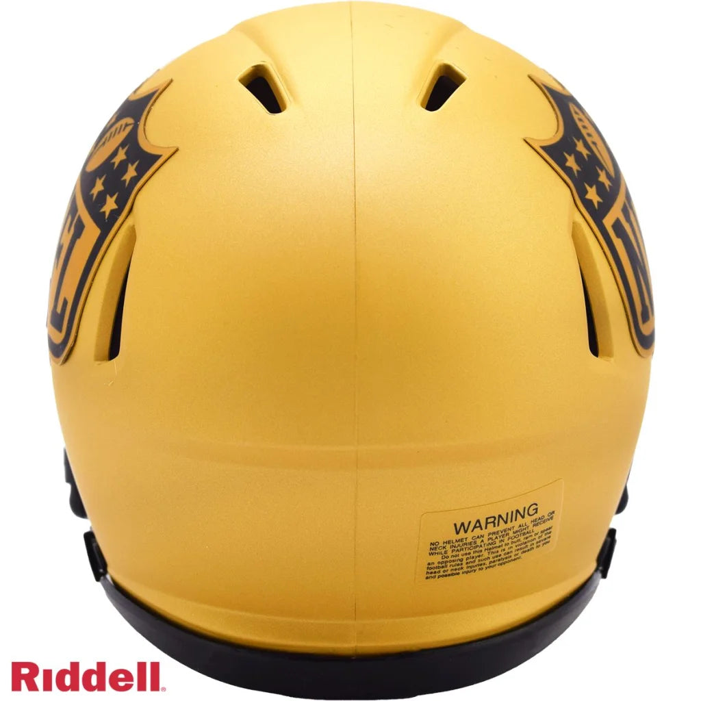Gold Riddell mini football helmet features matte black star design