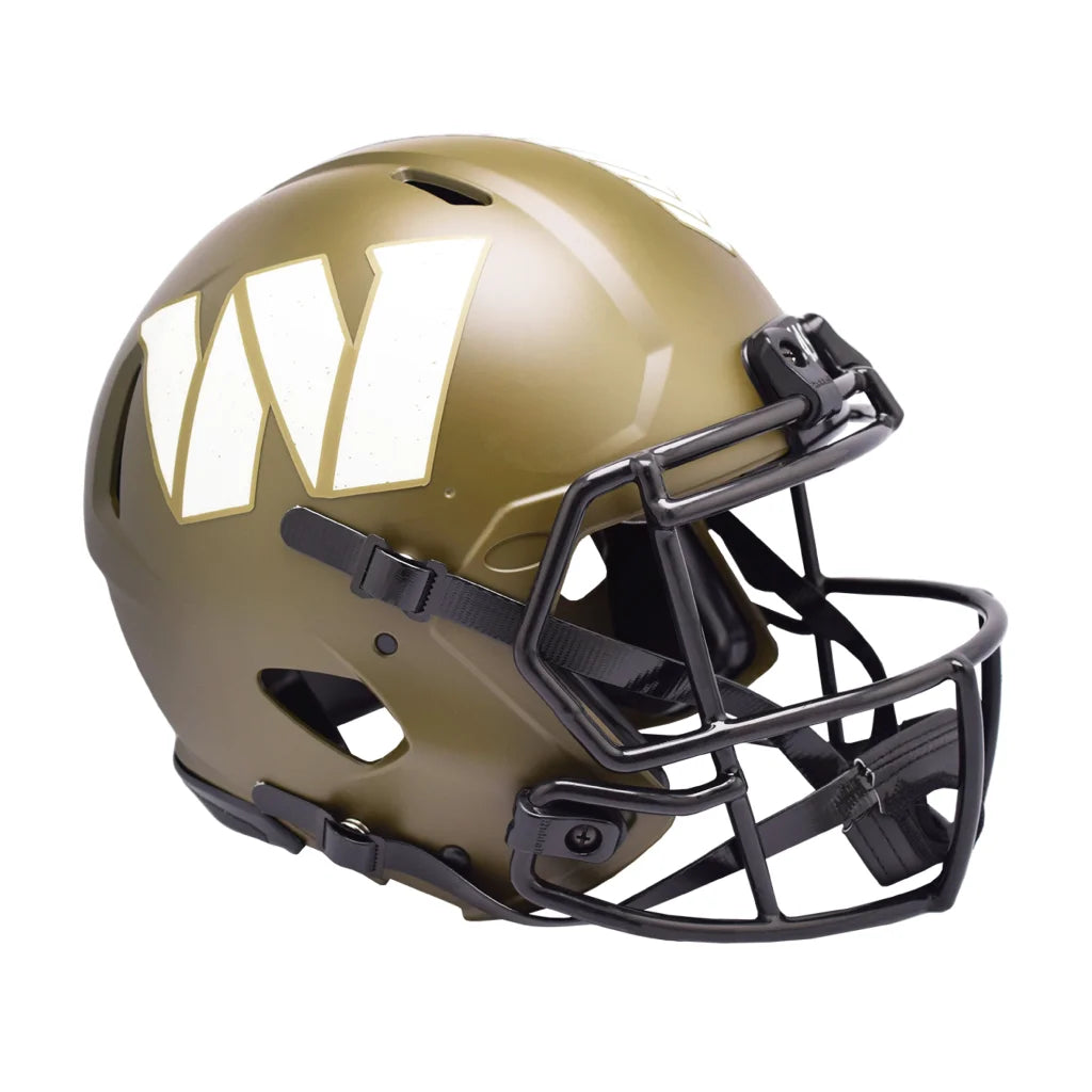 Gold Riddell NFL Salute to Service 2022 helmet with black mask and W logo