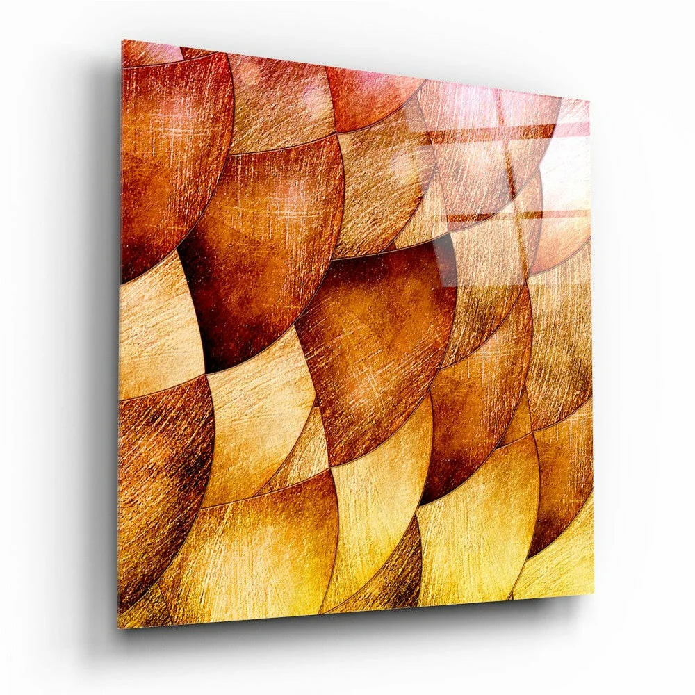 Stunning amber gold glass wall art with glossy swirled texture and geometric circles