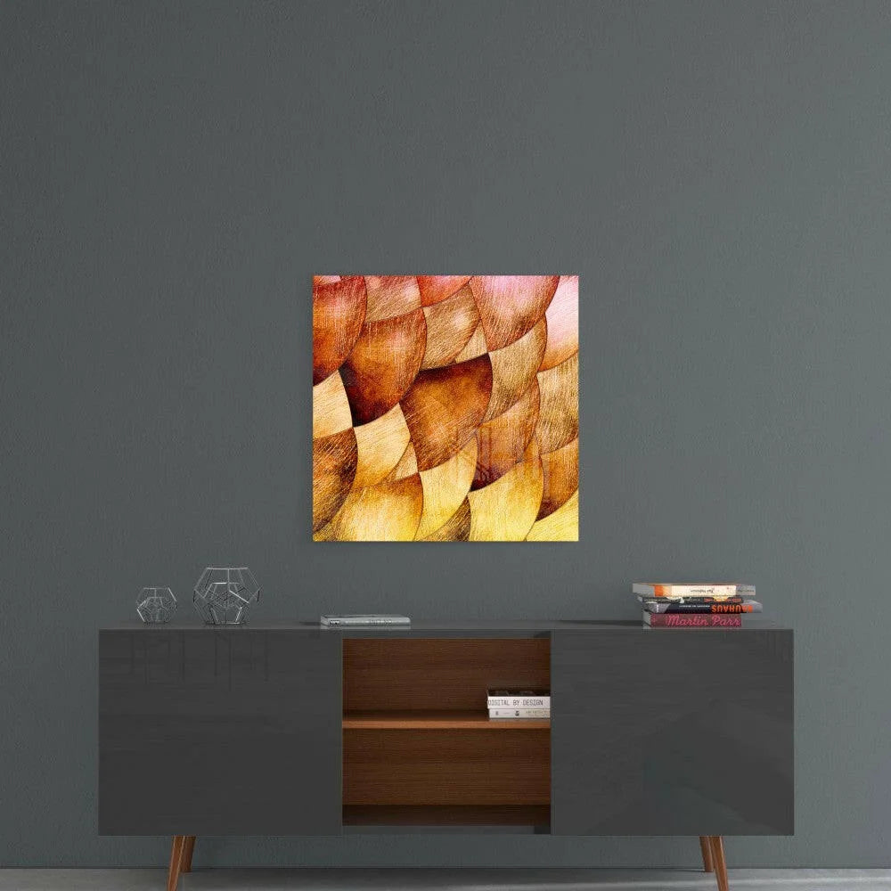 Abstract amber gold glass wall art with textured swirled spheres