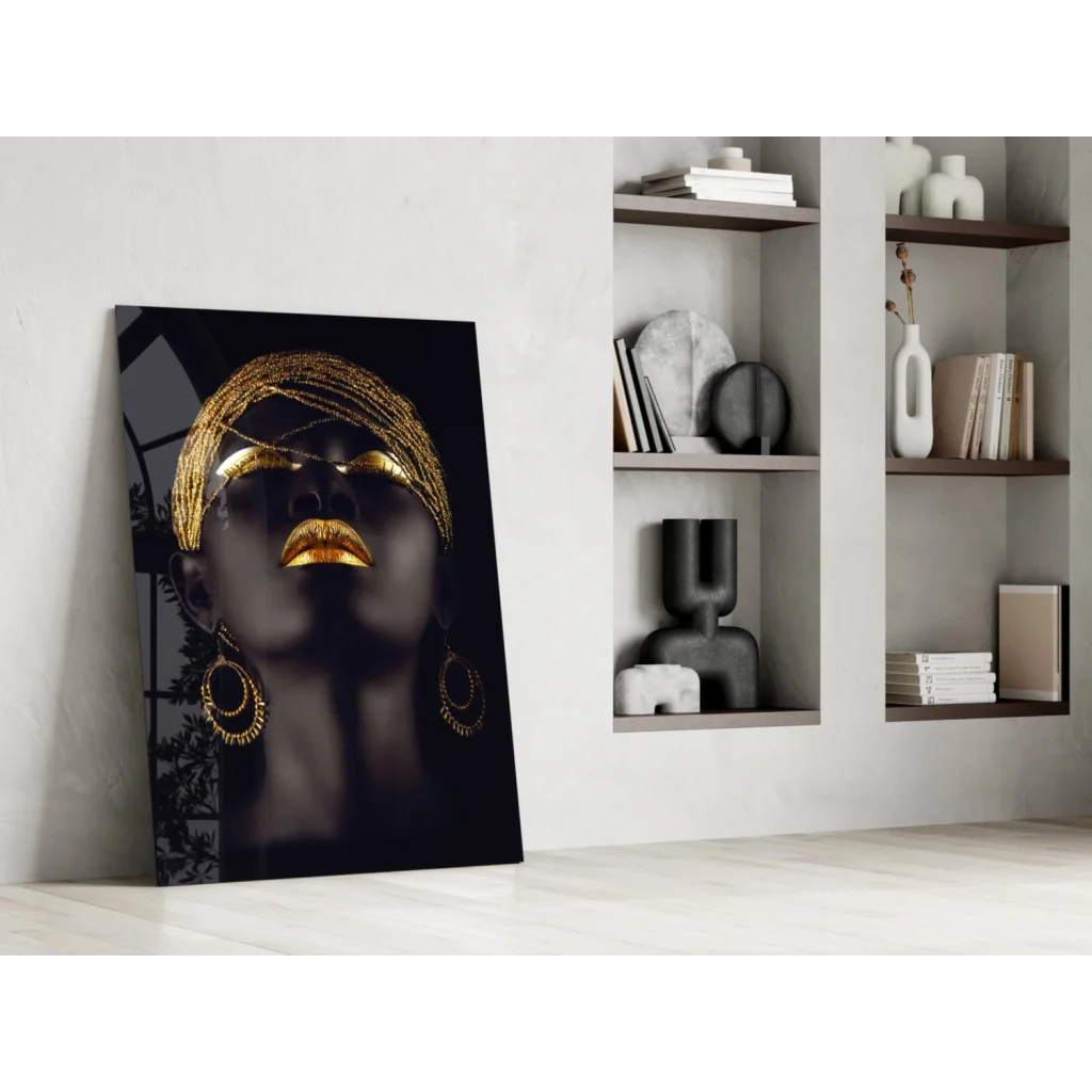 Stylized black gold portrait canvas wall art with golden accents