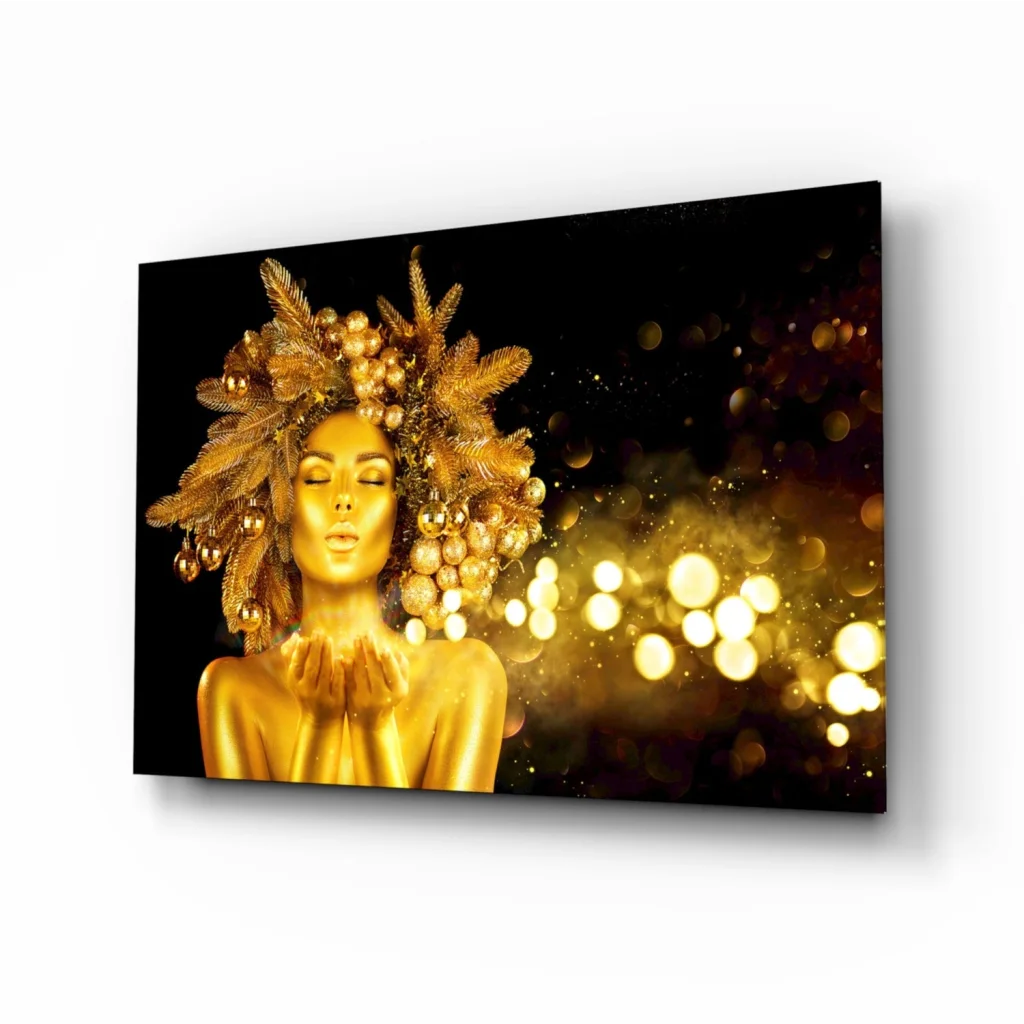 Golden Feather Goddess Glass Wall Art with Bokeh Glow | Insigneart USA | vintageantiquesgifts.com