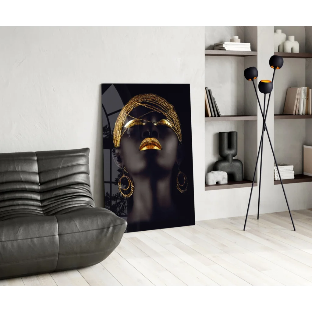 Stylized black gold portrait woman canvas wall art with golden accents