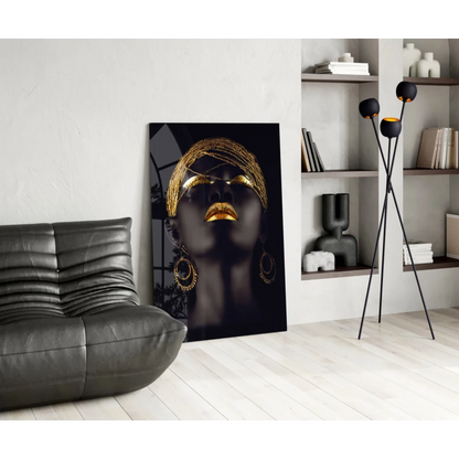 Stylized black gold portrait woman canvas wall art with golden accents