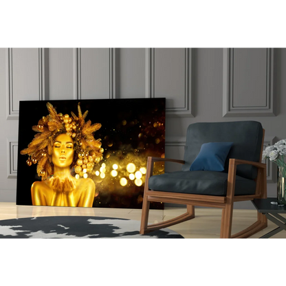 Golden feather goddess glass wall art with bokeh glow portrait