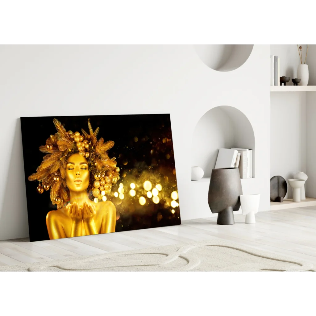 Golden Feather Goddess Glass Wall Art with Bokeh Glow | Modern Wall Art Decor | vintageantiquesgifts.com