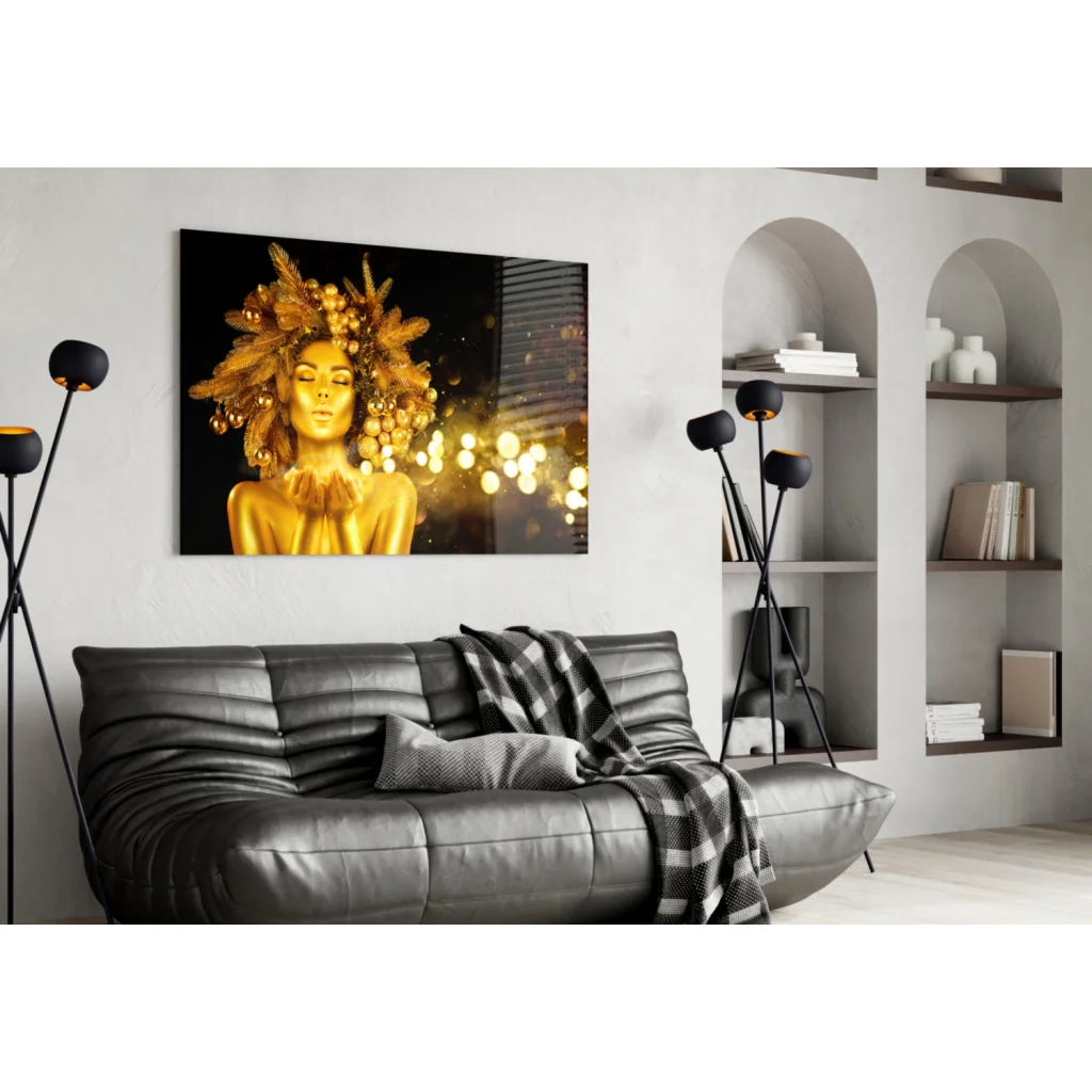 Golden Feather Goddess Glass Wall Art with Bokeh Glow | Contemporary Home Wall Art | vintageantiquesgifts.com