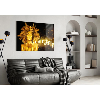 Golden Feather Goddess Glass Wall Art with Bokeh Glow | Contemporary Home Wall Art | vintageantiquesgifts.com