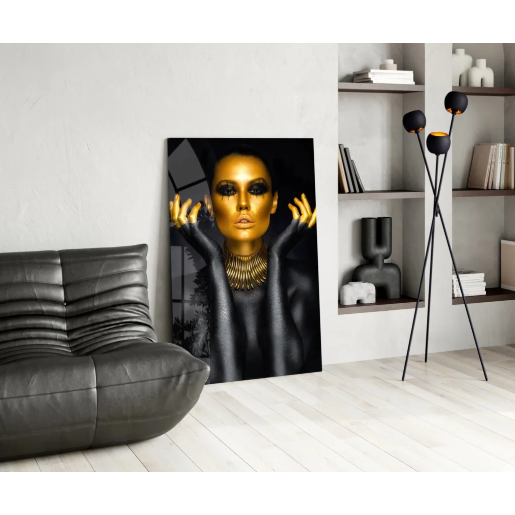 Stunning black-and-gold woman portrait wall art canvas in modern living room