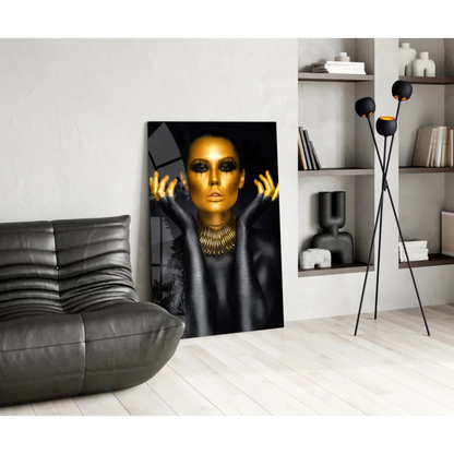 Stunning black-and-gold woman portrait wall art canvas in modern living room