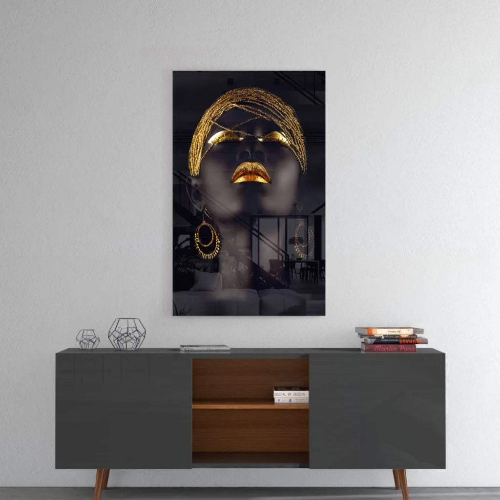 Stunning black gold portrait canvas wall art with golden accents