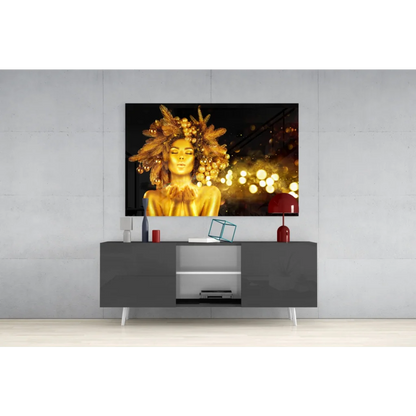 Golden feather goddess glass wall art with bokeh glow portrait