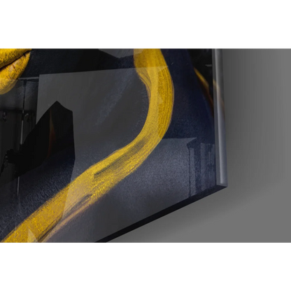 Bold golden-yellow brushstroke glass wall art on navy canvas