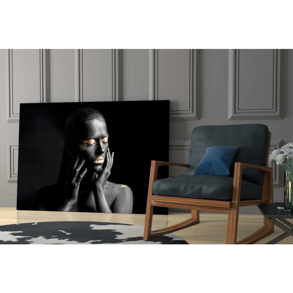 Golden Goddess black canvas wall art with woman gold eyes lips