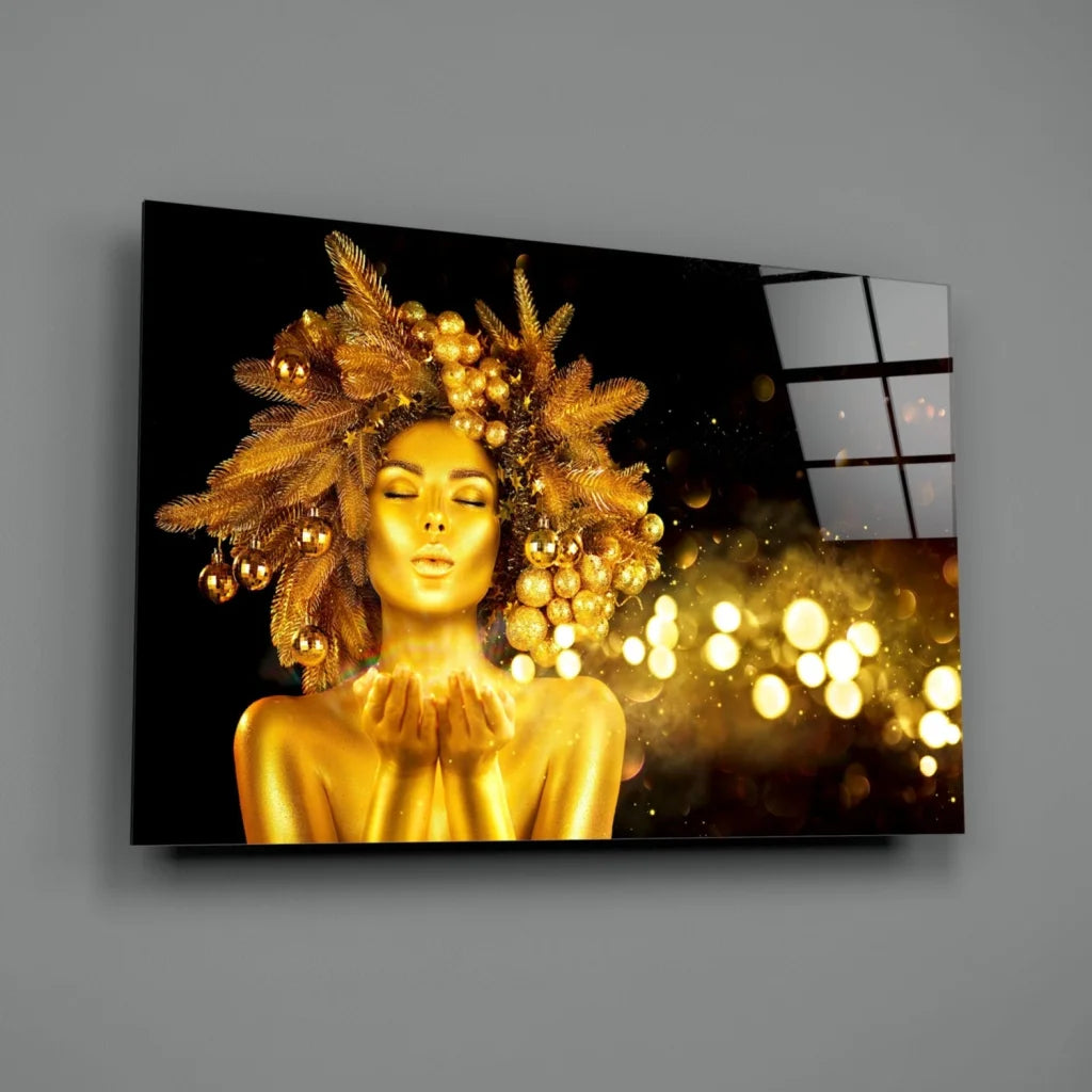 Golden Feather Goddess Glass Wall Art with Bokeh Glow | Glass Wall Art Print | vintageantiquesgifts.com