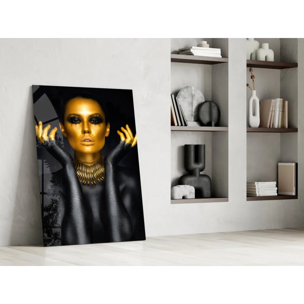 Stunning gold portrait wall art canvas print of woman with metallic skin