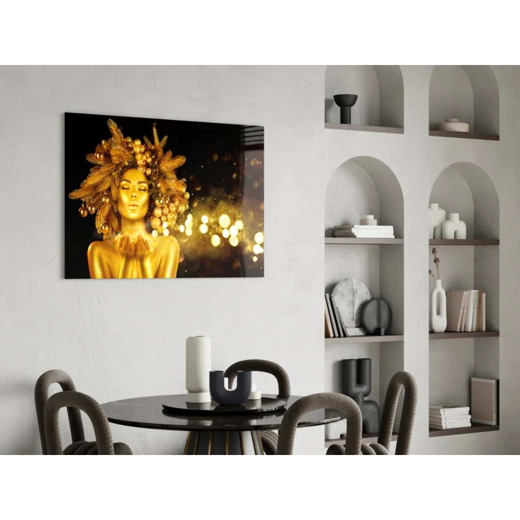 Golden feather goddess glass wall art with bokeh glow portrait