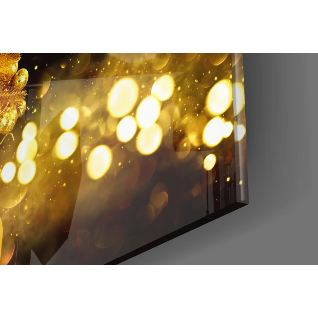Sleek glass wall art with golden bokeh glow on TV screen