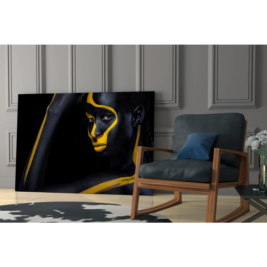 Bold black and gold glass wall art portrait with yellow face painting canvas