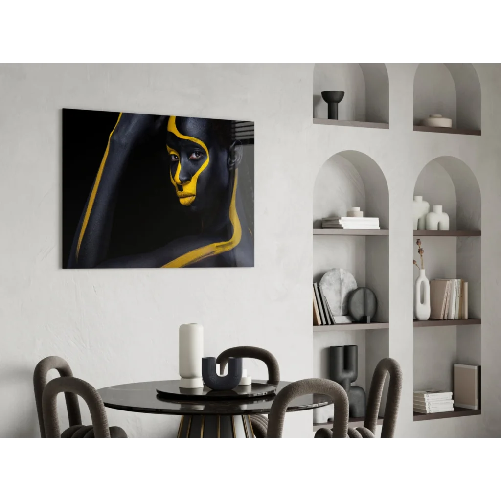 Bold black and gold glass wall art portrait canvas with black and yellow face painting