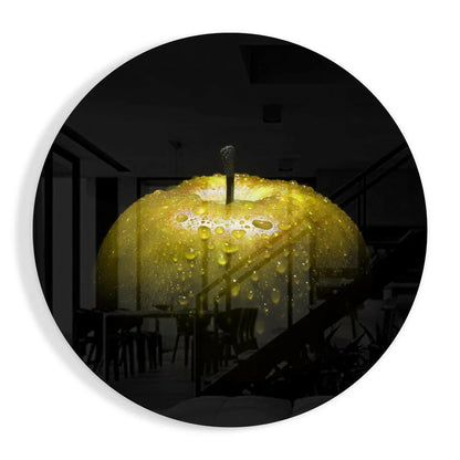 Glossy yellow Golden Apple tempered glass art with water droplets