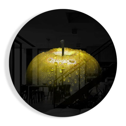 Glossy yellow Golden Apple tempered glass art with water droplets