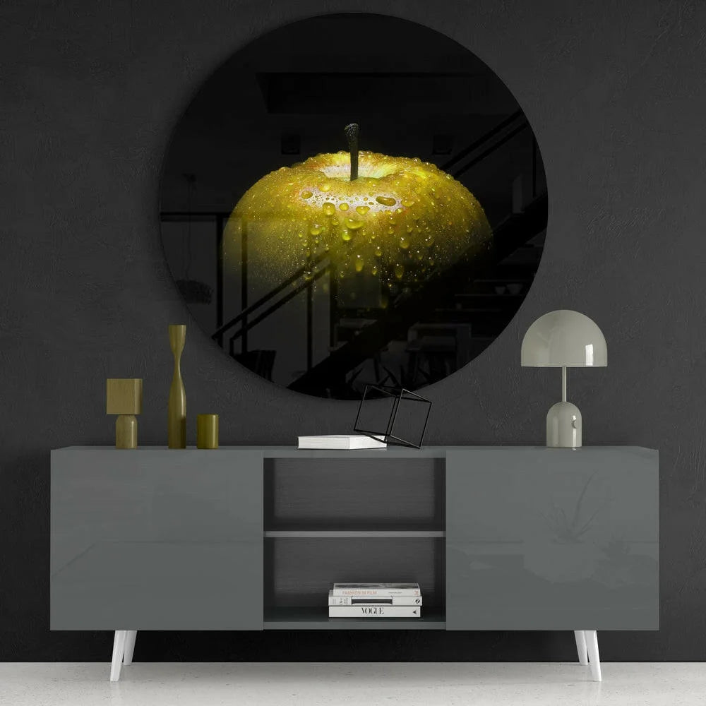Glossy golden apple with water droplets in tempered glass art frame