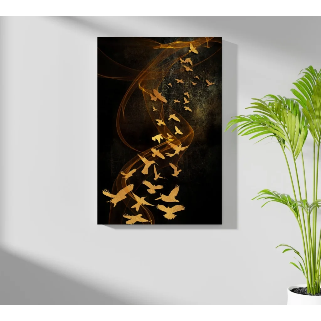 Golden birds rising through mystical smoke on black canvas art