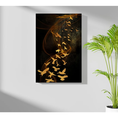 Golden birds rising through mystical smoke on black canvas art