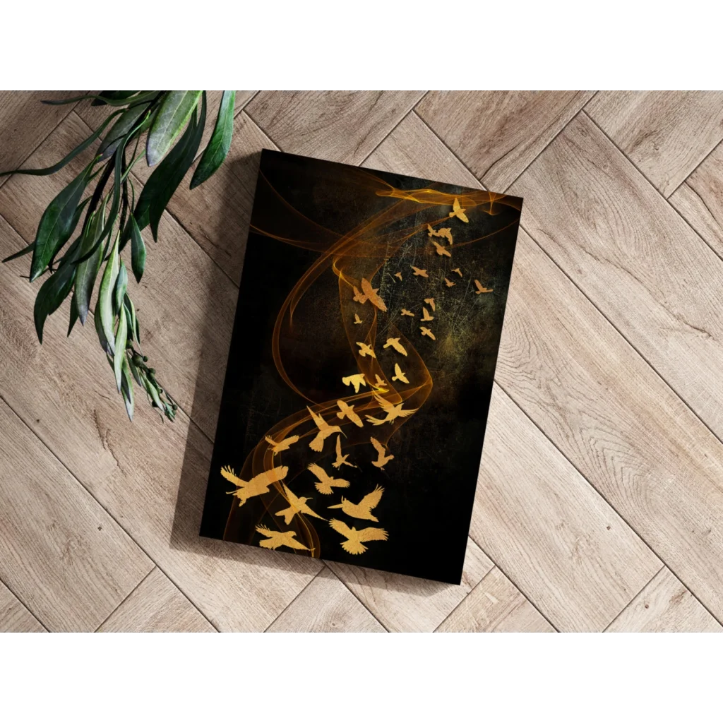 Golden birds rising through mystical smoke on dark canvas art