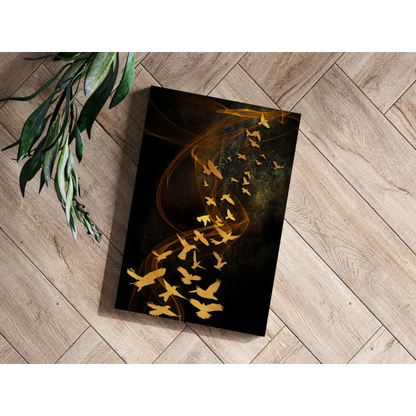 Golden birds rising through mystical smoke on dark canvas art
