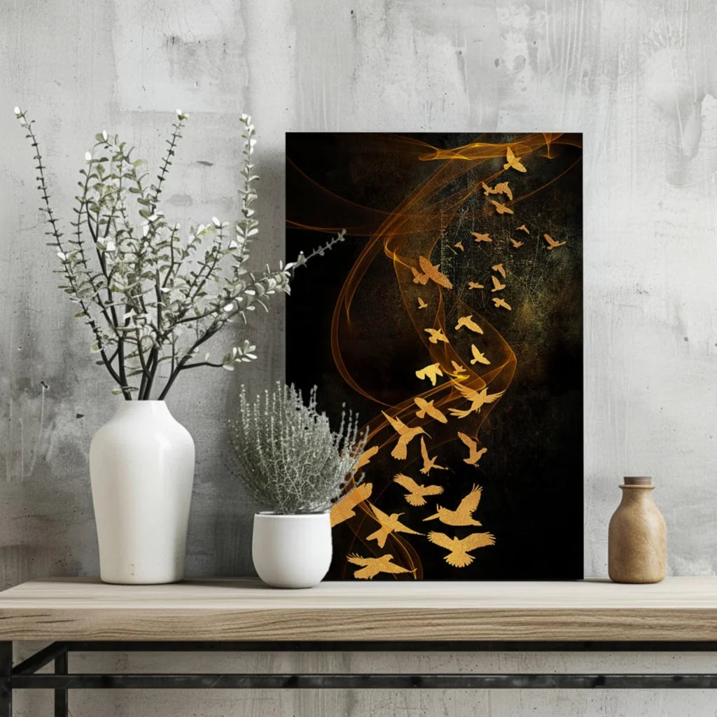 Golden birds rising through swirling mystical smoke on black canvas art